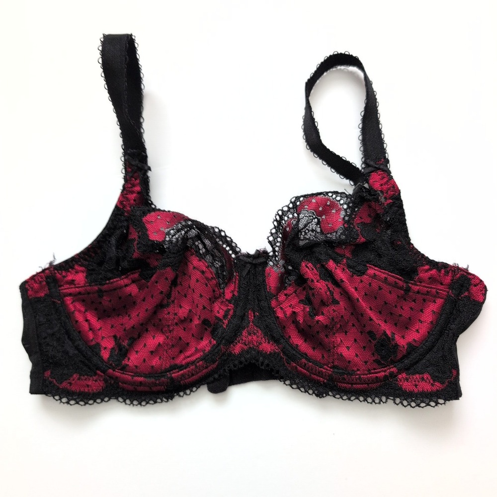 Panache Clara Black Red Dot Lace Balconette Bra Cup 30DD Sexy Sultry Lingerie
